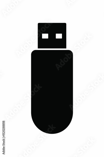 Black USB flash drive silhouette. Vector icon representing data storage, memory stick, and portable thumb drive. Technology hardware symbol for digital information, backup, and computer connectivity.