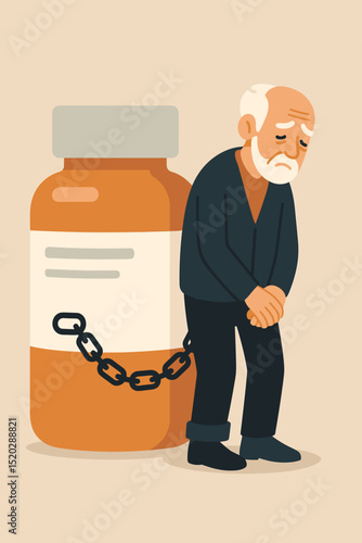 Elderly man chained to pill bottle. Medication addiction concept. Senior drug dependency. Pharmaceutical reliance, vulnerable aging, healthcare issues. Sadness, despair, loneliness.