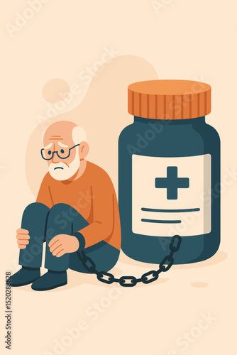 Elderly man chained to pill bottle, concept of medication dependency and addiction. Sad senior citizen struggling with prescription drugs, healthcare crisis, old age reliance on medicine.