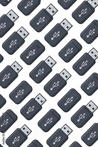 Seamless repeating pattern of black USB flash drives on white background. Digital data storage, memory stick, thumb drive technology concept for tech industry, information transfer illustration.