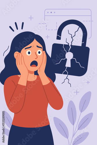Cybersecurity vulnerability concept. Shocked woman fears data breach as broken padlock symbolizes hacked system. Internet security failure, online protection risk, unauthorized access alert.