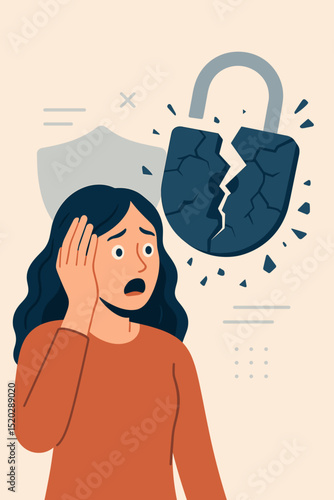 Cybersecurity vulnerability concept with shocked woman and broken padlock. Data breach, hacker attack, and system error. Internet security failure, privacy threat, and digital protection compromised.