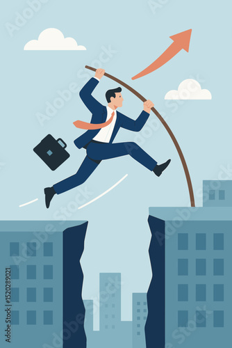 Businessman pole vaulting across buildings. Corporate leap concept for career growth, ambition, and overcoming challenges. Upward arrow symbolizing success, progress, and achievement.