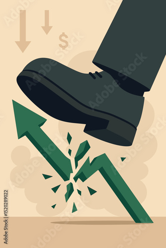 Economic crisis metaphor: Giant business foot in formal shoe crushing green upward arrow. Symbolizes stock market crash, financial recession, investment failure, suppressed growth, downward trend.