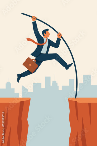 Corporate Leap: Businessman with briefcase pole vaulting over chasm. Business ambition, risk-taking, strategy for success. Overcoming obstacles, career advancement, achieving goals vector.