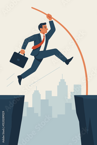 Businessman pole vault corporate leap. Overcoming obstacles challenge. Risk success career advancement. Business growth ambition. Strategy solution. Cityscape background. Vector concept.