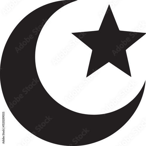 A simple black and white image featuring a crescent moon and a star on a plain white background space