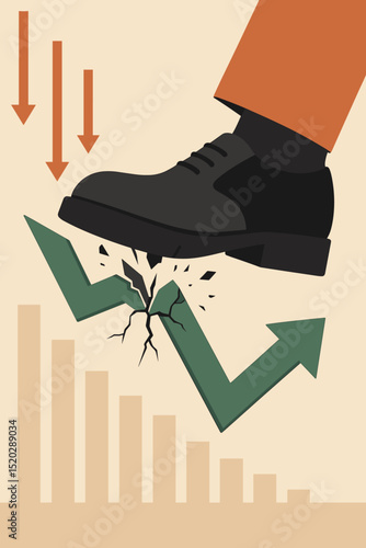 Giant foot crushing green arrow graph. Economic crisis, business failure, financial recession, market crash, growth suppression. Investment loss, stock market decline, downturn metaphor.
