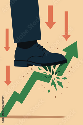 Giant business foot crushing green upward arrow symbolizing economic growth. Concept of financial crisis, recession, market crash, failure, setback, and suppression of progress by dominant force.
