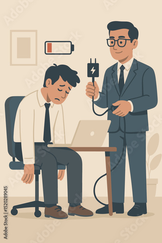 Employee burnout metaphor. Exhausted office worker with low battery icon, manager ready to recharge. Workplace stress, productivity, support, energy boost, corporate wellbeing concept.
