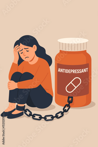Shackled to medication: Depressed woman chained to antidepressant pills. Metaphor for drug dependency, mental health struggles, side effects of treatment, psychological burden, emotional crisis.