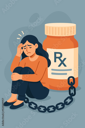 Shackled to medication, a distressed woman illustrates prescription drug dependence and addiction. Conceptual vector art for mental health crisis, chronic illness, and pharmaceutical reliance.