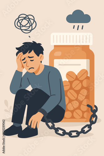 Addiction concept. Depressed man chained to pill bottle, drug dependence metaphor. Mental health crisis, anxiety, stress, hopelessness. Feeling trapped, despair, substance abuse struggle. Vector.