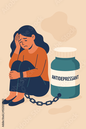 Woman shackled to antidepressant medication, symbolizing dependence, addiction, mental health issues, depression, anxiety, sadness, psychiatric treatment, and the struggle with chronic illness