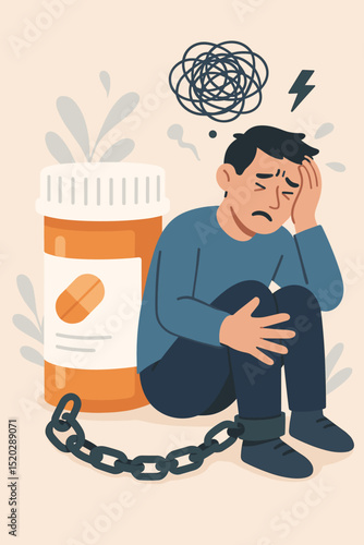Chained to addiction. Man shackled. Pill bottle. Drug dependence. Mental health crisis. Substance abuse. Despair. Suffering. Anxiety. Psychological torment. Pharmaceutical reliance. Vector.