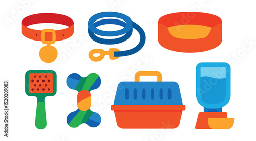 Flat vector icons of pet accessories: collar, leash, food bowl, pet bed, grooming brush, chew toy, pet carrier, water dispenser.