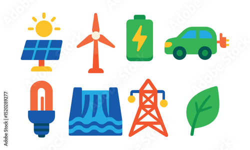 Flat vector icons of sustainable energy: solar panel, wind turbine, battery, electric car, energy saving bulb, hydro dam, smart grid, leaf.