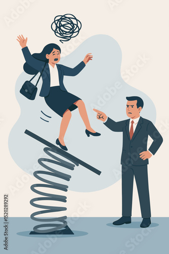Workplace stress and job loss concept. Female employee fired by boss. Businesswoman on springboard. Anxiety, conflict, pressure, dismissal, leadership issues. Office corporate crisis metaphor.