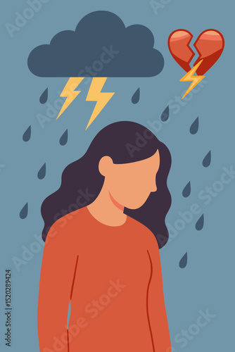Sad woman under storm cloud and broken heart, depression and heartbreak, loneliness, mental health crisis, emotional stress, sorrow, rain and lightning, trauma, relationship breakup, grief