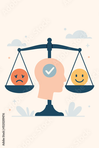 Emotional Balance Scale Concept. Happy Sad Face Weighing. Mental Health Awareness. Mood Management. Psychology, Wellbeing, Decision Making, Mindset, Equilibrium, Therapy, Stress, Anxiety, Positivity