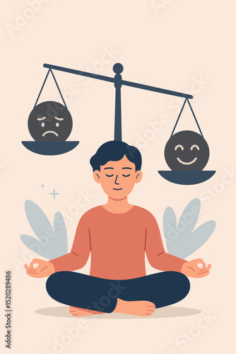 Serene Person Balancing Emotions, Sadness and Happiness on Scales. Mental Health, Well-being, Mood Stability, Psychology, Mindfulness, Harmony, Emotional Intelligence Concept.