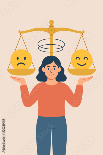 Emotional balance concept. Woman weighing happy and sad faces on golden scales. Decision making, mood swings, mental health, psychology, stress management, self-reflection metaphor illustration