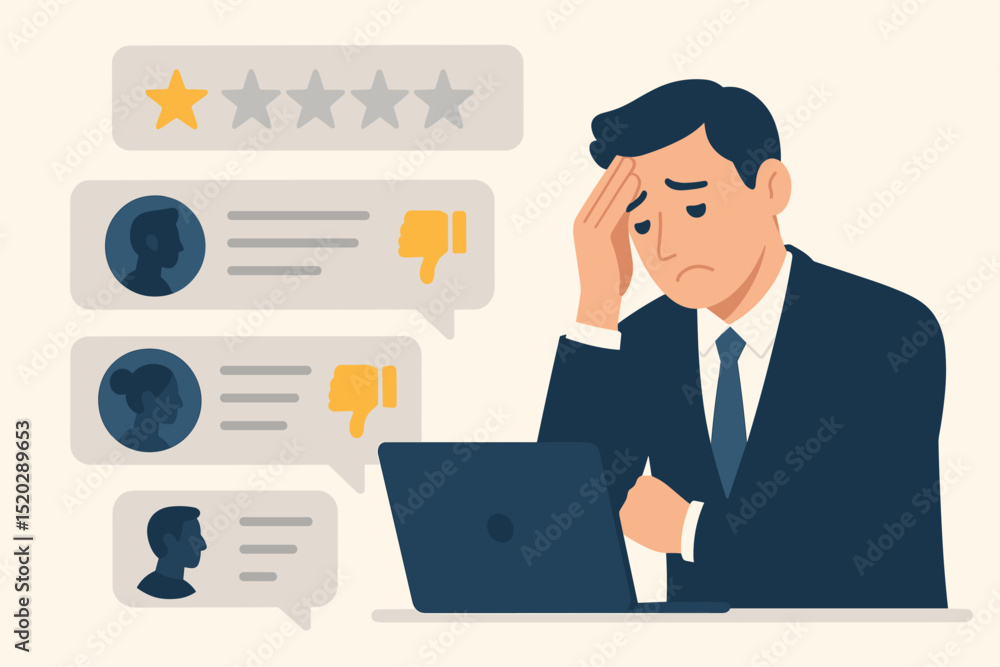 Disappointed entrepreneur facing negative customer reviews, sad business owner frustrated by bad online feedback, low rating and thumbs down comments, worried man reacts to poor service survey results Disappointed entrepreneur facing negative customer reviews, sad business owner frustrated by bad online feedback, low rating and thumbs down comments, worried man reacts to poor service survey results