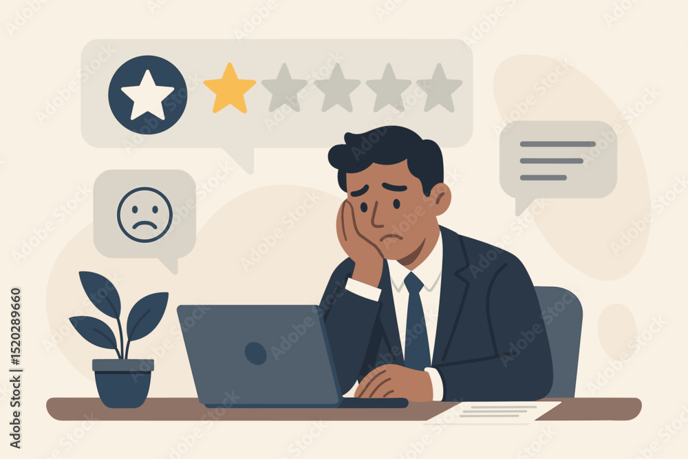Disappointed customer service representative sad about bad online review. Negative feedback, low star rating, survey response. Frustrated manager upset by one star comment. Disappointed customer service representative sad about bad online review. Negative feedback, low star rating, survey response. Frustrated manager upset by one star comment.