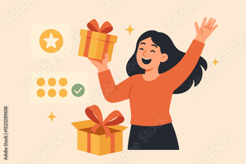 Happy woman holding a gift box, celebrating a special occasion, receiving a present. Concept of online gift exchange, successful delivery, or winning a reward