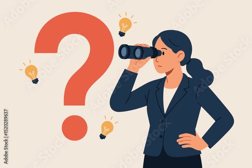 Businesswoman Searching for Innovative Solutions, New Ideas, and Future Opportunities with Binoculars. Concept of Strategic Vision, Problem Solving, and Questioning.