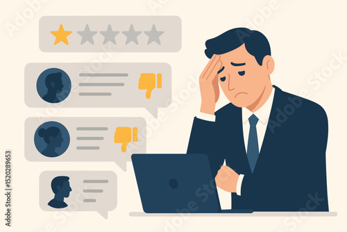 Disappointed entrepreneur facing negative customer reviews, sad business owner frustrated by bad online feedback, low rating and thumbs down comments, worried man reacts to poor service survey results