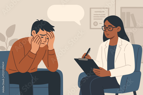 Professional therapy session for mental health support. A male patient talks to a female psychologist or therapist. Psychological aid, stress, anxiety, depression treatment, and emotional problems.