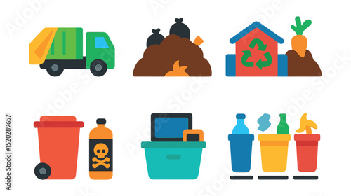 Flat vector icons of waste management: garbage truck, landfill, recycling center, compost pile, trash bin, hazardous waste, electronic waste, waste sorting.