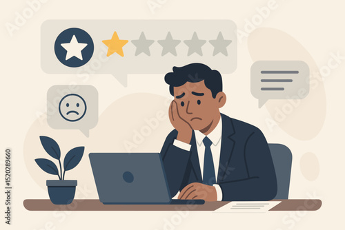 Disappointed customer service representative sad about bad online review. Negative feedback, low star rating, survey response. Frustrated manager upset by one star comment.