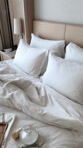 Hotel room service featuring tea, pastries, and an open book on a luxurious white bed with soft lighting and creamy beige background