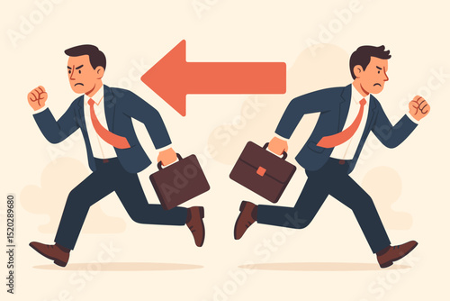 Businessmen running in opposing directions, representing conflicting goals, competition, rivalry, disagreement, decision-making, challenge, and different paths in a demanding corporate environment.