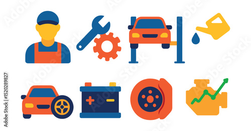 Flat vector icons of car repair services: mechanic, wrench and gear, car lift, oil change, tire replacement, battery service, brake repair, engine tuning.