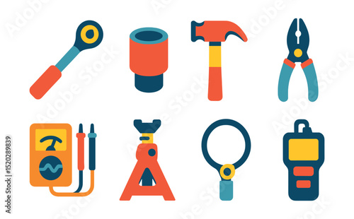 Flat vector icons of automotive tools: torque wrench, socket, hammer, pliers, multimeter, jack stand, oil filter wrench, diagnostic tool.