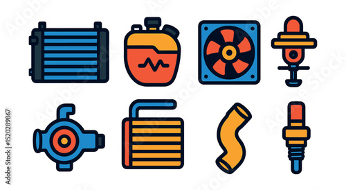 Flat vector icons of vehicle cooling system: radiator, coolant reservoir, fan, thermostat, water pump, heater core, hose, temperature sensor.