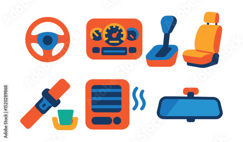 Flat vector icons of car interiors: steering wheel, dashboard, gear shift, car seat, seatbelt, air conditioning vent, cup holder, rearview mirror.