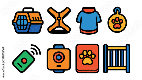 Flat vector icons of pet accessories: pet carrier, harness, pet clothes, ID tag, pet GPS tracker, pet camera, pet feeding mat, pet gate.