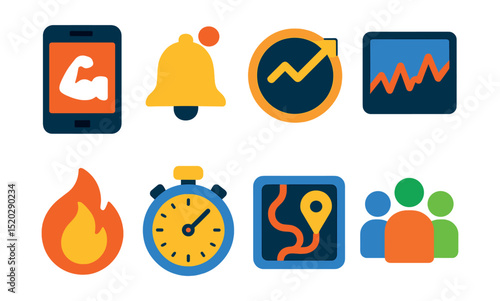 Flat vector icons of fitness apps: smartphone with fitness app, notification bell, progress tracker, activity graph, calorie counter, workout timer, GPS route, community.