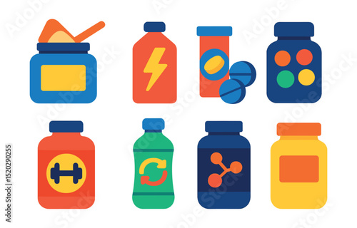 Flat vector icons of sports nutrition supplements: protein powder, energy gel, electrolyte tablets, vitamins, pre-workout, recovery drink, amino acids, creatine.