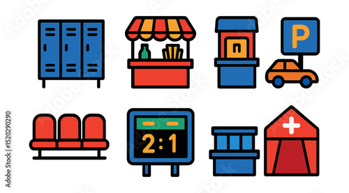 Flat vector icons of sports venues facilities: locker room, concession stand, ticket booth, parking lot, spectator seats, scoreboard, press box, medical tent.