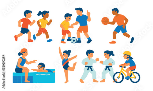 Flat vector icons of youth sports: kids running, soccer practice, basketball training, swimming lesson, gymnastics, martial arts, tennis coaching, cycling club.