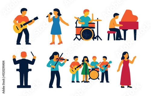 Flat vector icons of musical performance: guitar player, singer, drummer, pianist, conductor, violinist, band, soloist.