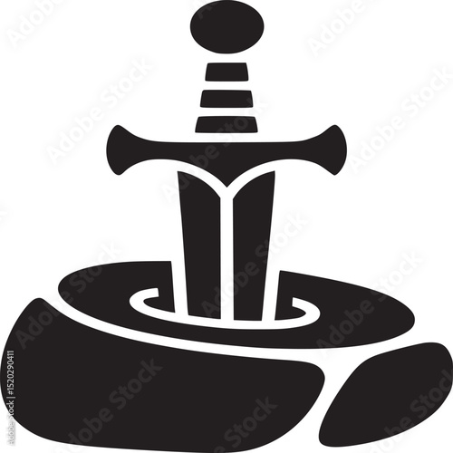 A black and white drawing of a sword stuck in a stone on a white background in vector format