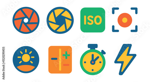 Flat vector icons of camera settings: aperture, shutter speed, ISO, focus, white balance, exposure, timer, flash mode.