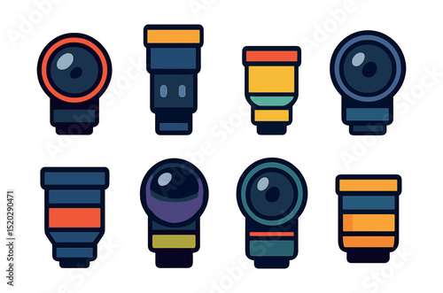 Flat vector icons of camera lenses: wide angle, telephoto, macro, prime, zoom, fisheye, portrait, kit lens.