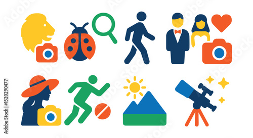 Flat vector icons of photography genres: wildlife, macro, street, wedding, fashion, sports, landscape, astrophotography.